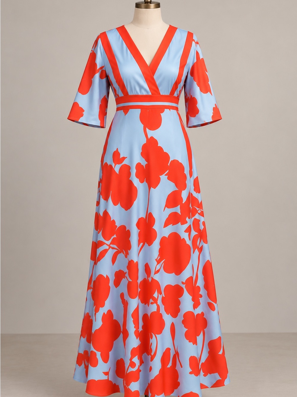 Bright Blue & Red Floral V-Neck Maxi Dress